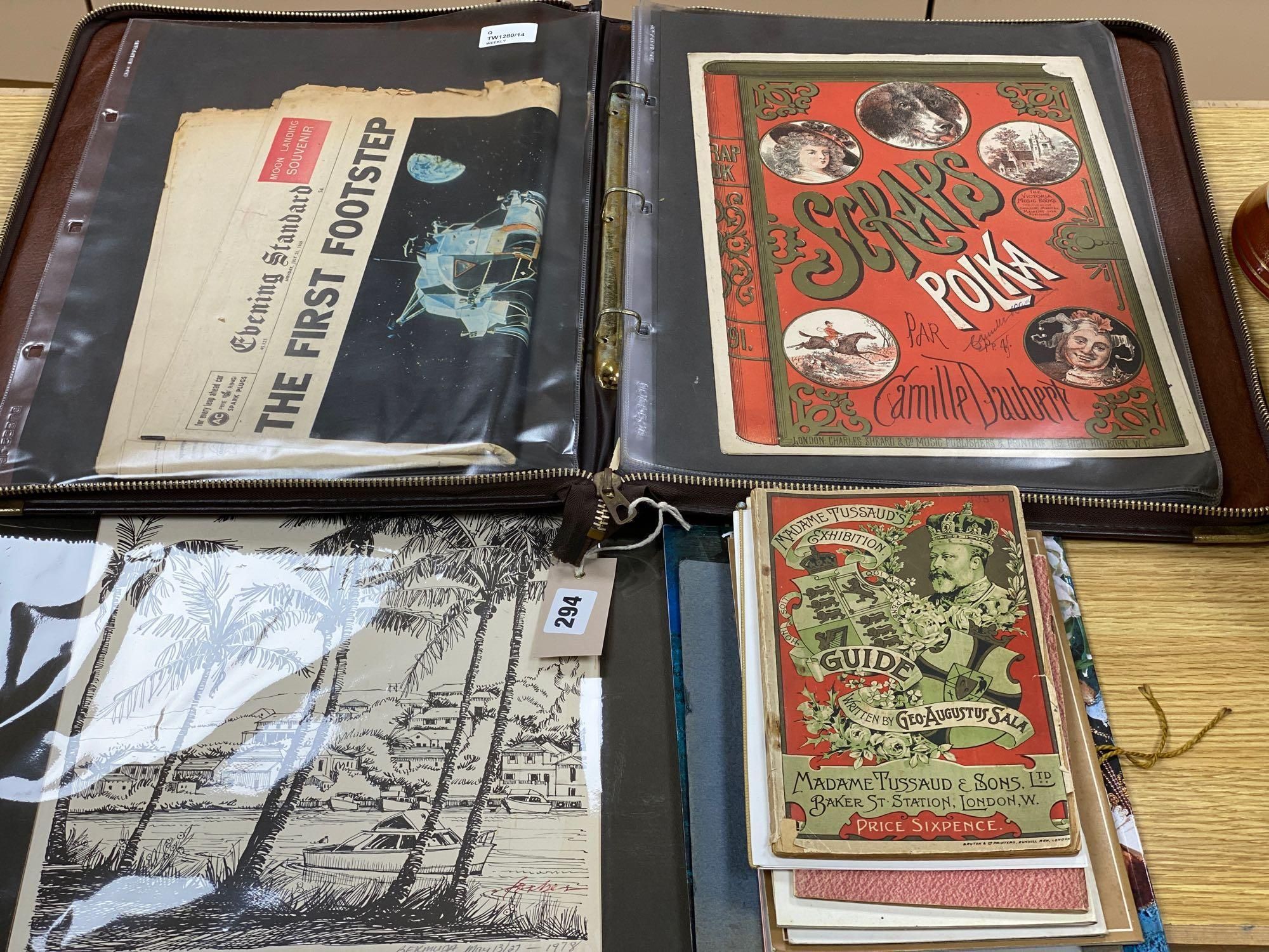 A collection of printed ephemera, including a folio of Victorian decorative sheet music covers,